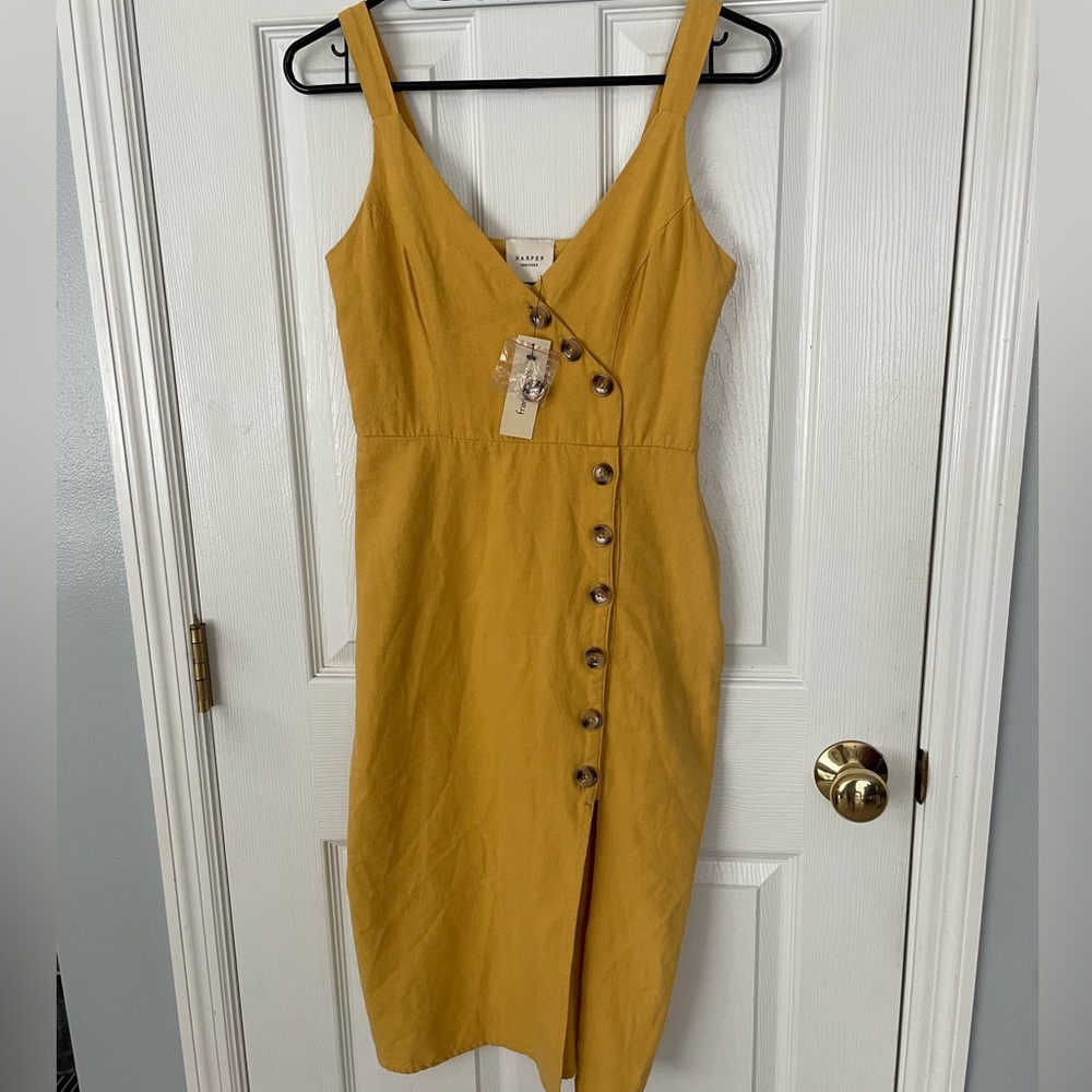 NWT Francesca's Dress Size XS Harper Yellow Linen Button Front Slit Shift